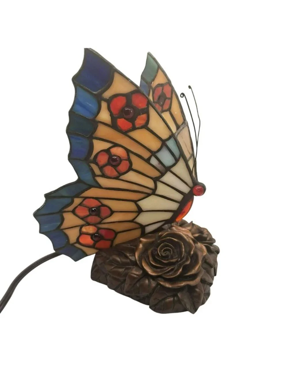 Tiffany Style Butterfly Stained Glass Lamp Bronze Floral Base  Vintage Quoizel